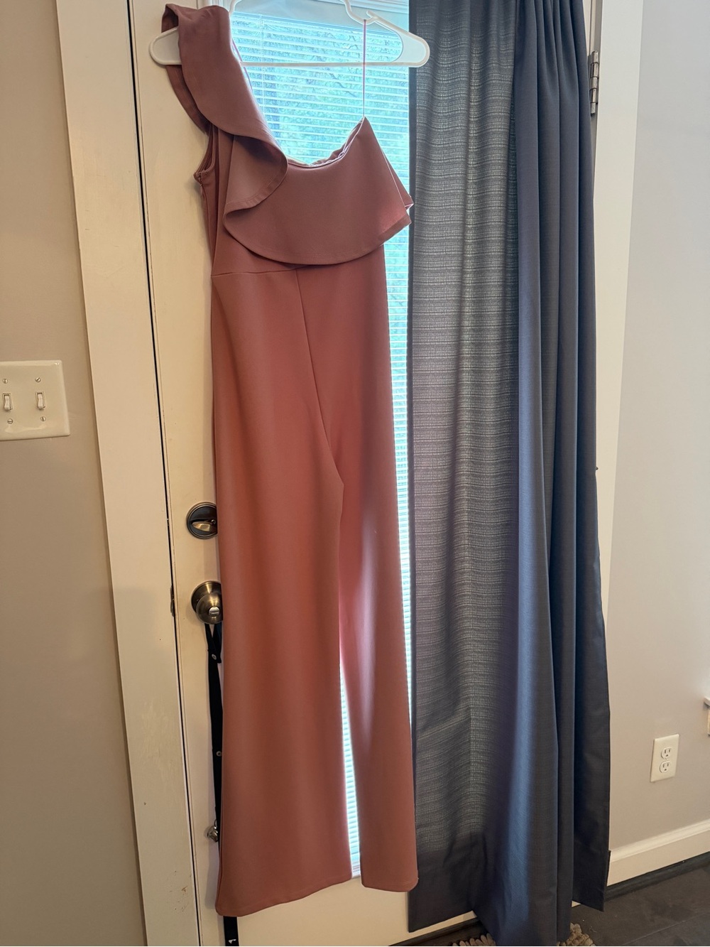 Altar'd State One-Shoulder Ruffle Jumpsuit in Dusty Rose